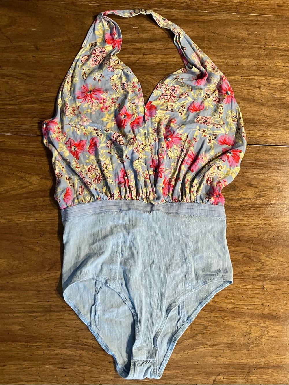 Free People Women Top XL Blue Floral Intimately Bodysuit Halter Backless Button
